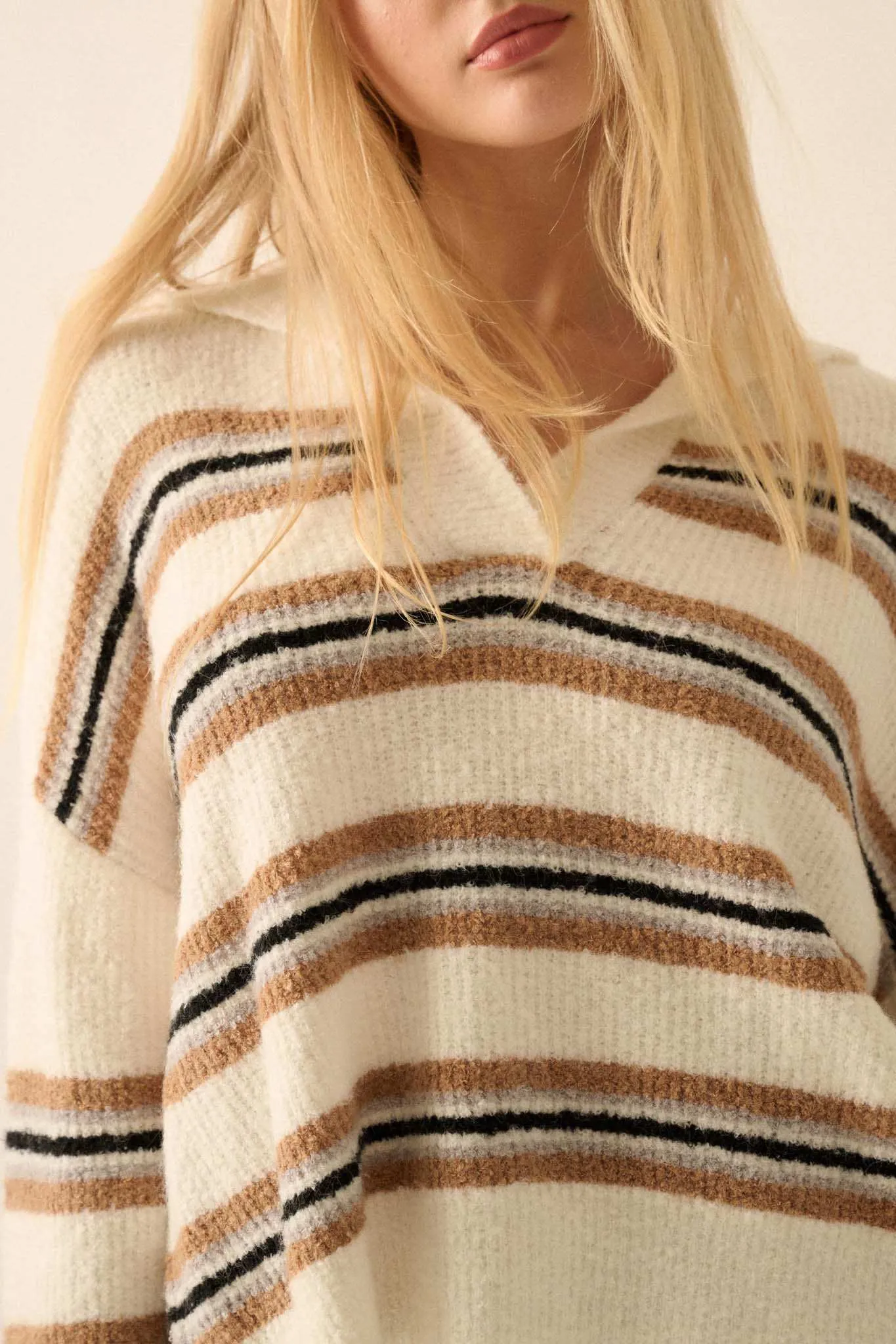 First in Line Striped Split-Neck Collared Sweater