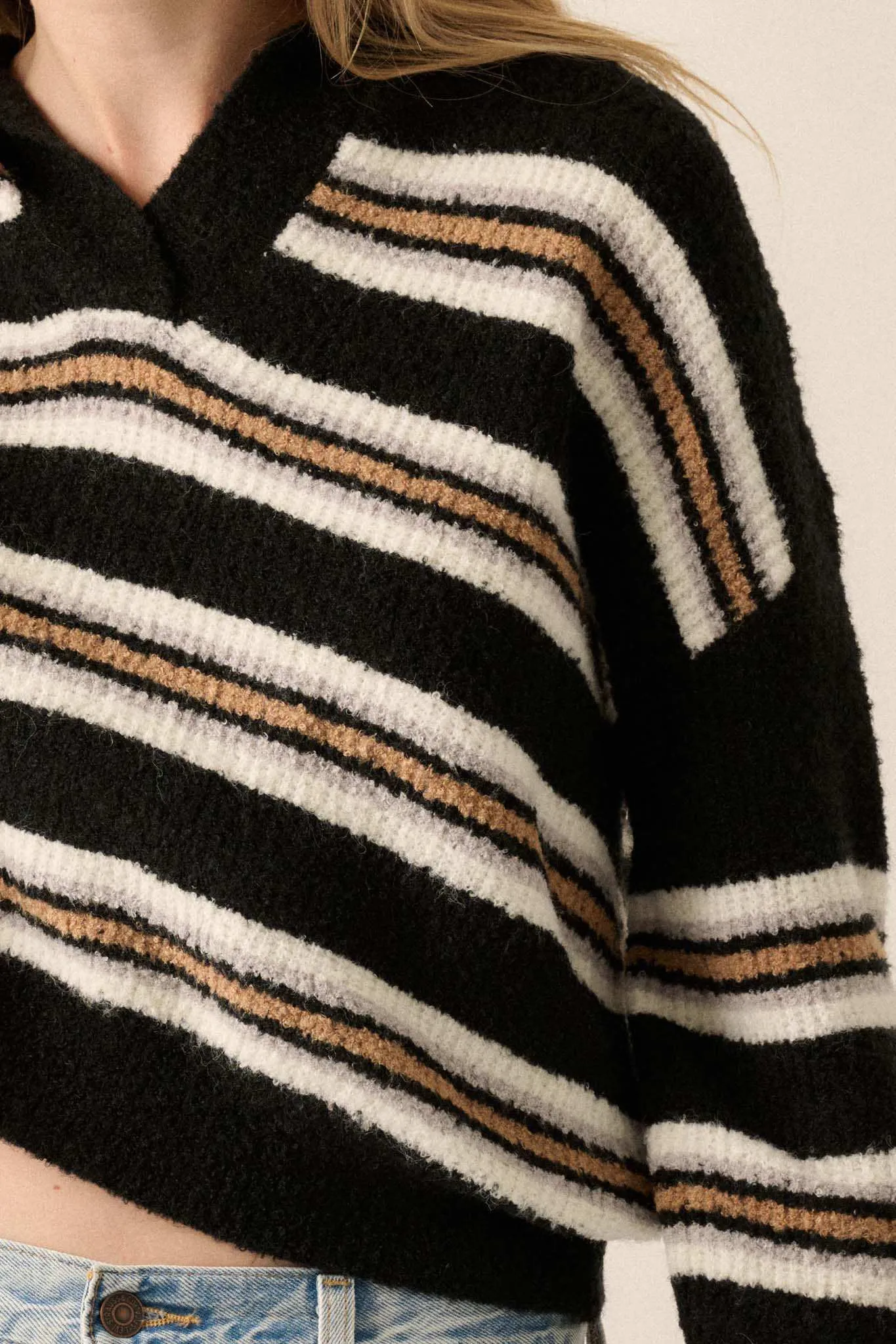 First in Line Striped Split-Neck Collared Sweater