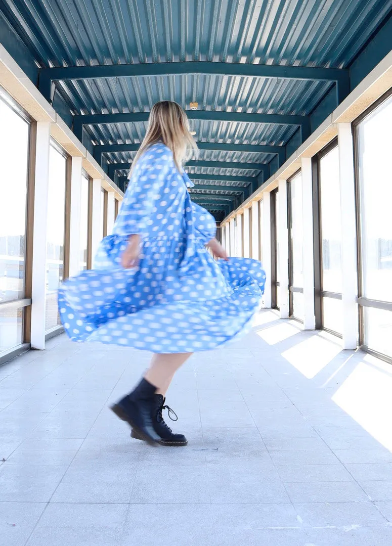 Flowy Dress Long Polka Dots Blue