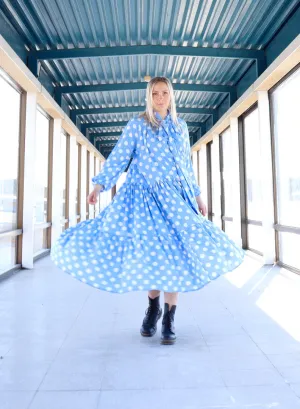 Flowy Dress Long Polka Dots Blue