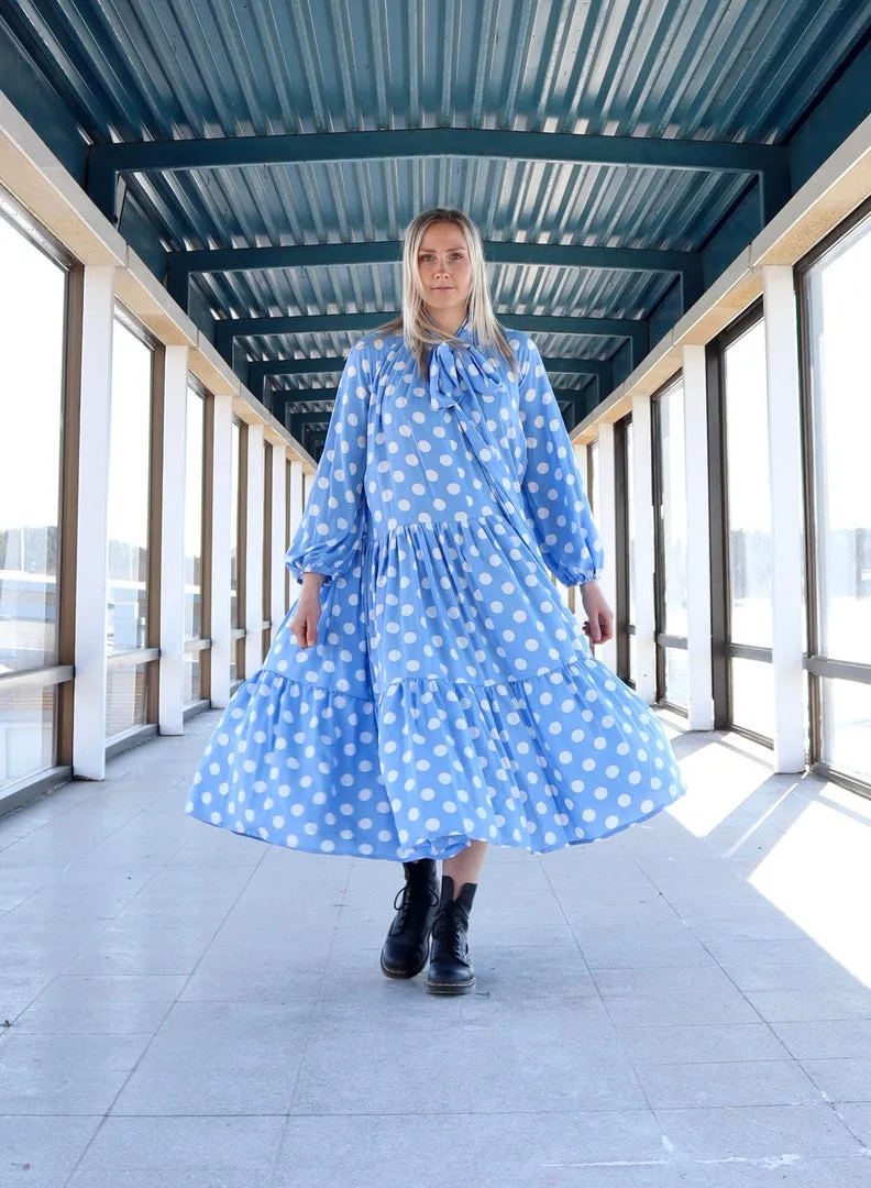 Flowy Dress Long Polka Dots Blue