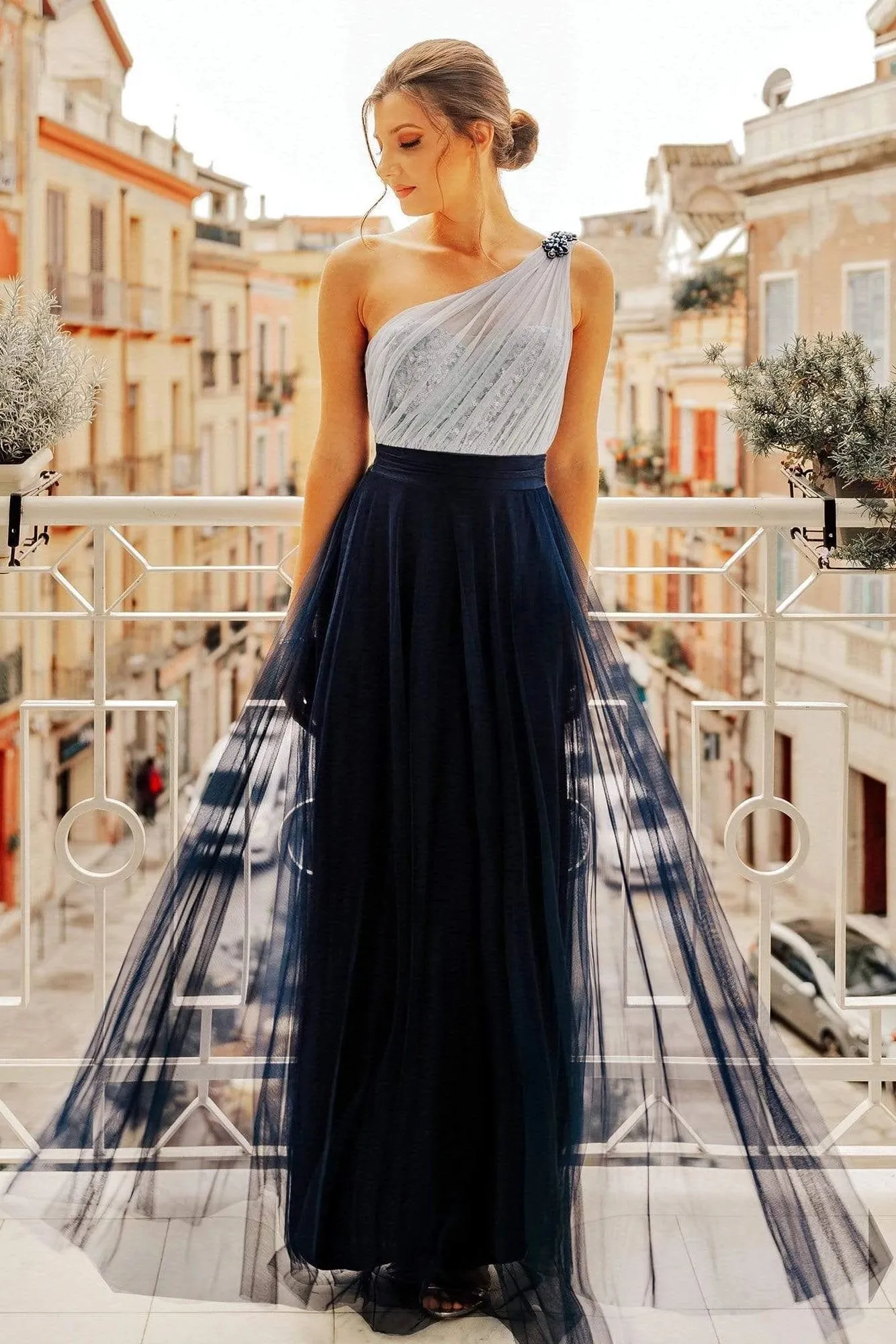 Flowy One Shoulder Navy Blue Tulle Long Prom Dresses, Cheap Formal Dresses SWK15232