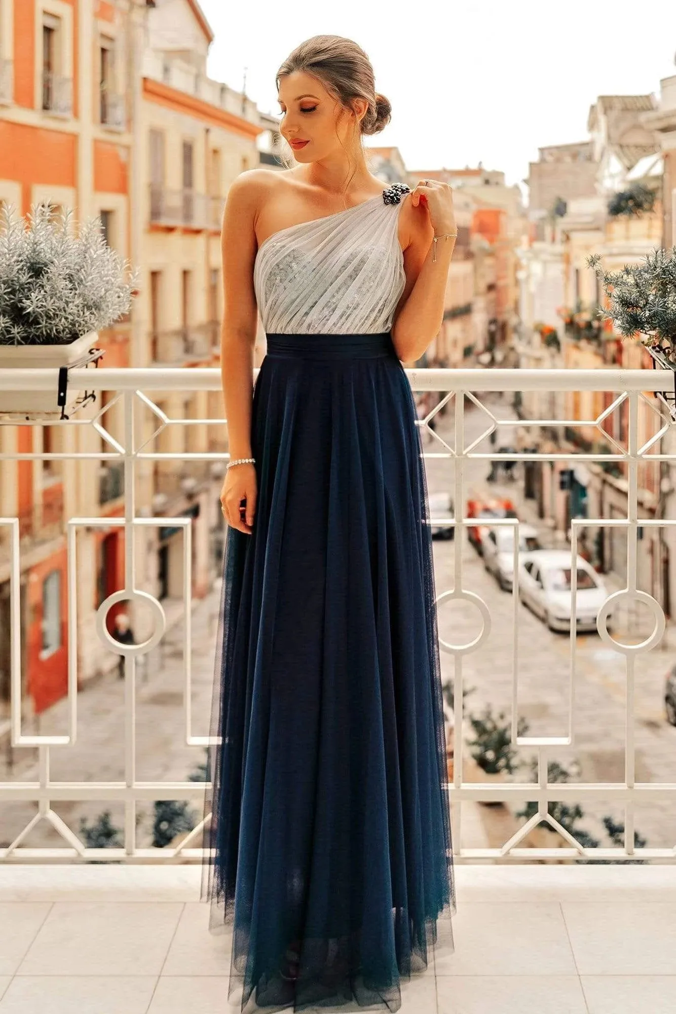 Flowy One Shoulder Navy Blue Tulle Long Prom Dresses, Cheap Formal Dresses SWK15232