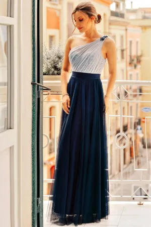 Flowy One Shoulder Navy Blue Tulle Long Prom Dresses, Cheap Formal Dresses SWK15232