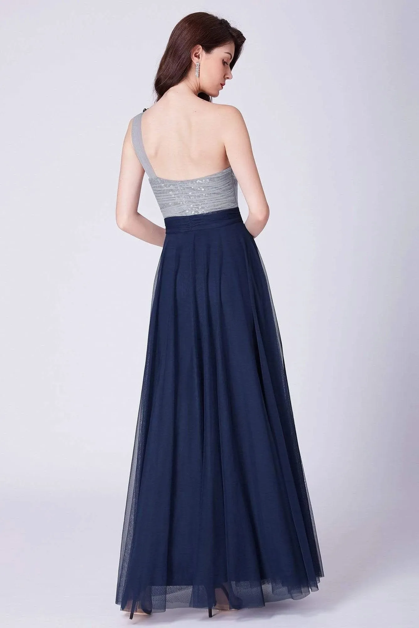 Flowy One Shoulder Navy Blue Tulle Long Prom Dresses, Cheap Formal Dresses SWK15232