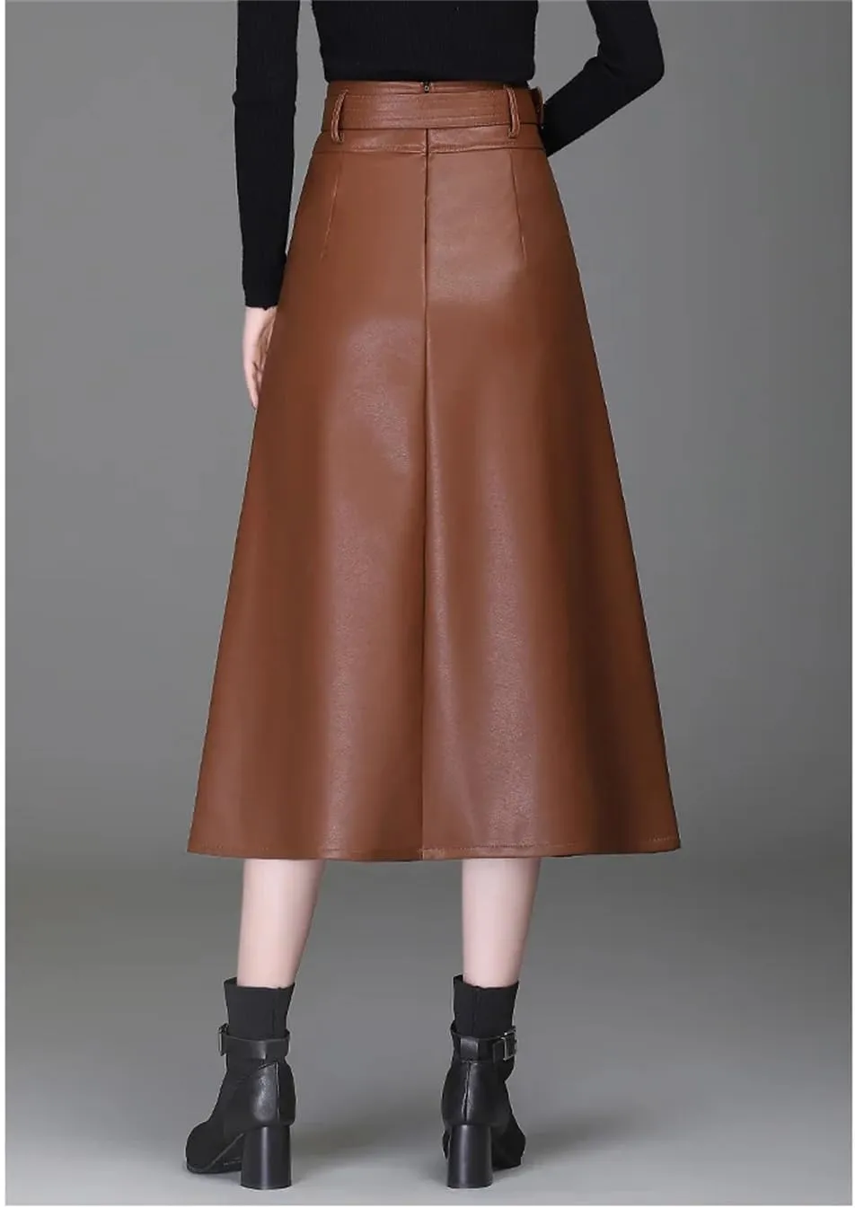 Fnfmrfmr Women's Black Faux Leather High Waist Pleated Flare Midi Skirt with Pocket Slim