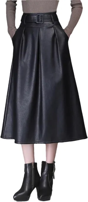 Fnfmrfmr Women's Black Faux Leather High Waist Pleated Flare Midi Skirt with Pocket Slim