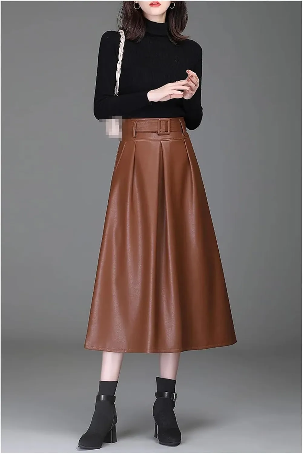 Fnfmrfmr Women's Black Faux Leather High Waist Pleated Flare Midi Skirt with Pocket Slim