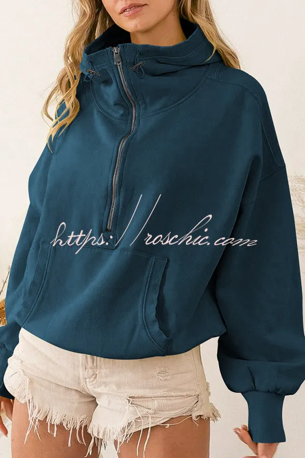 Front Pocket Zip Drawstring Long Sleeve Hoodie