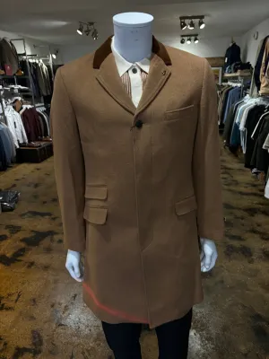 Gabicci Tan Wool Blend Overcoat with Velvet Lapels & Paisley Lining