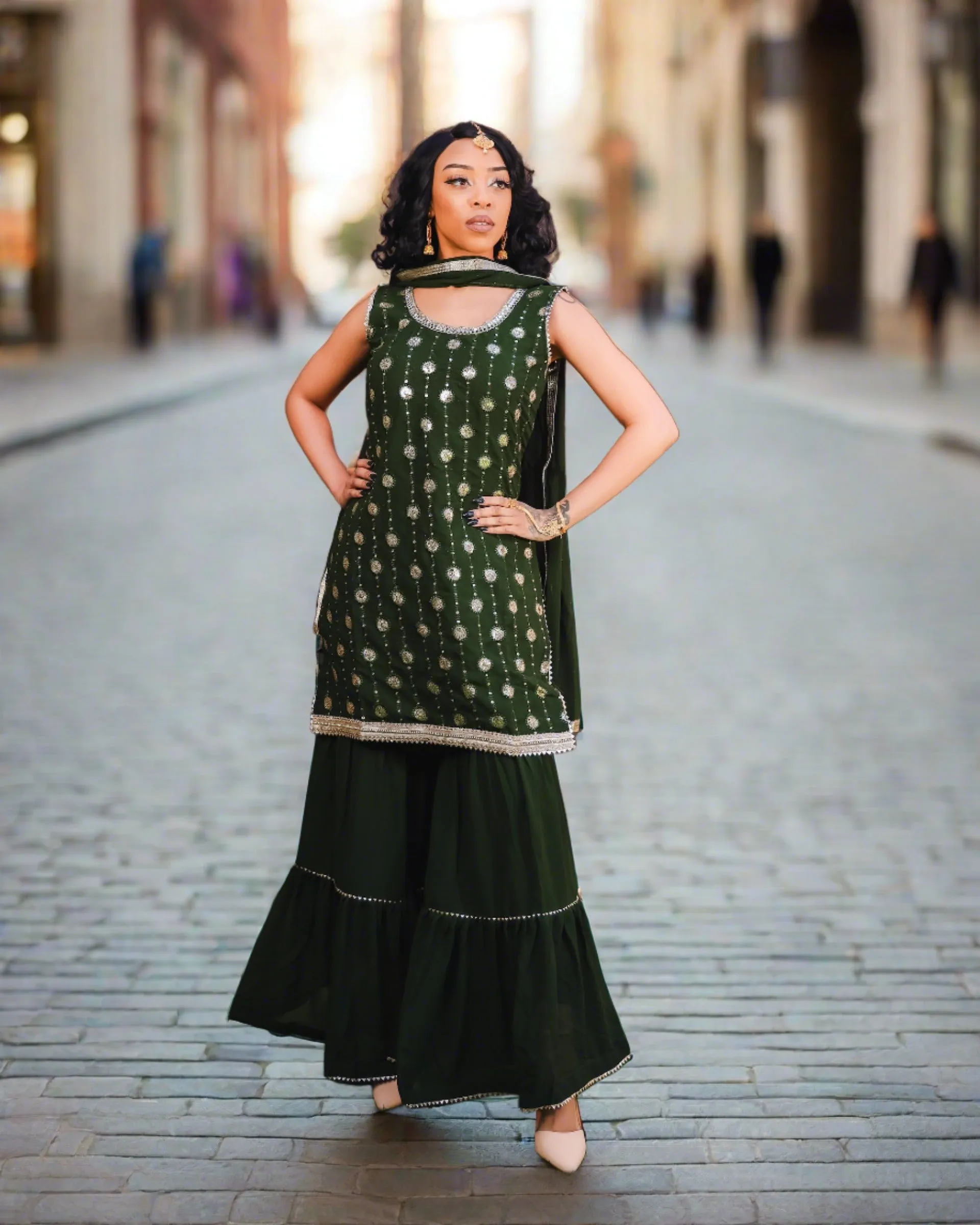 Georgette Embroidered Army Green With Sharara Pants Suit