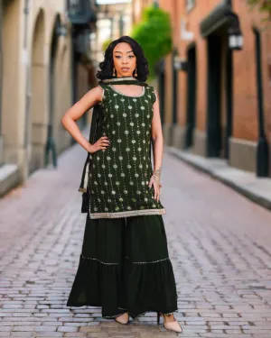 Georgette Embroidered Army Green With Sharara Pants Suit