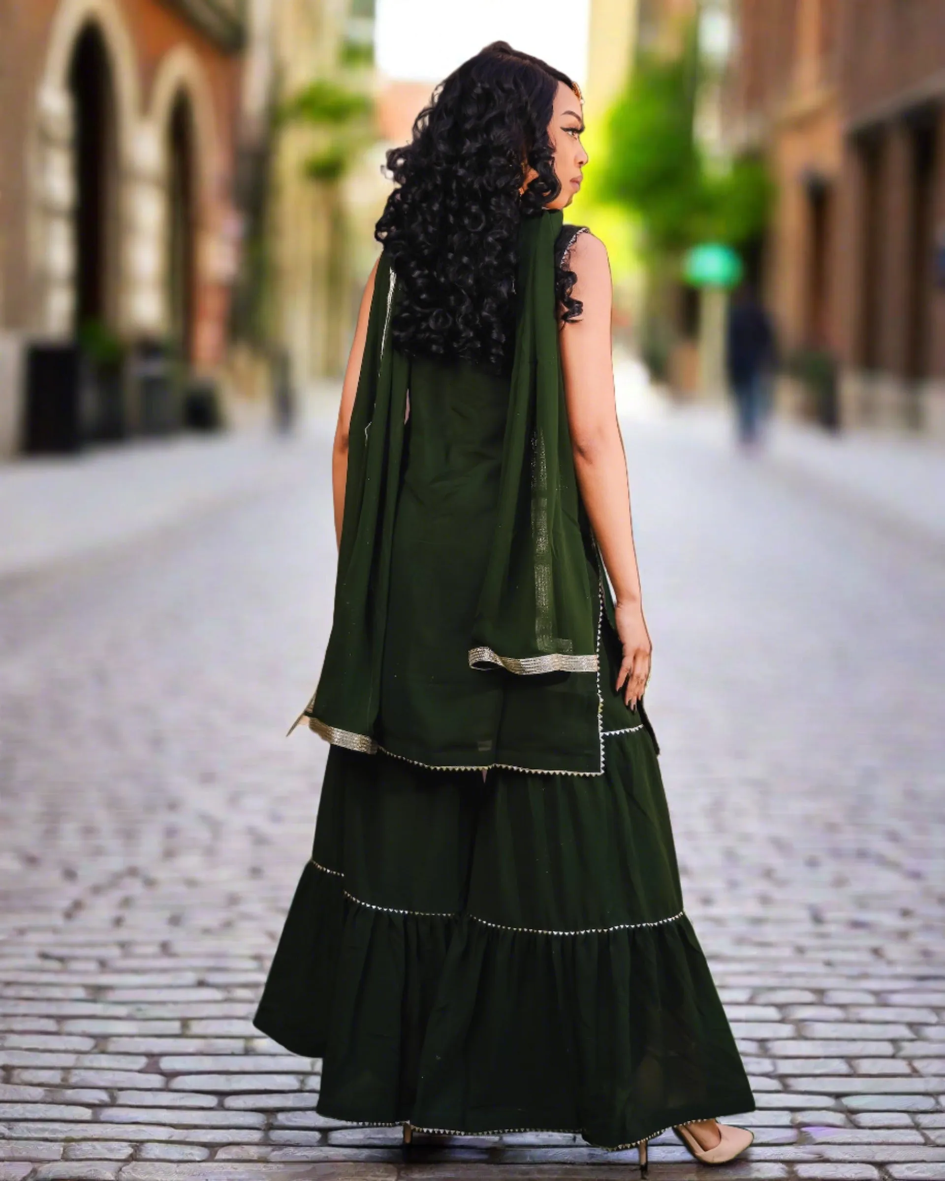 Georgette Embroidered Army Green With Sharara Pants Suit