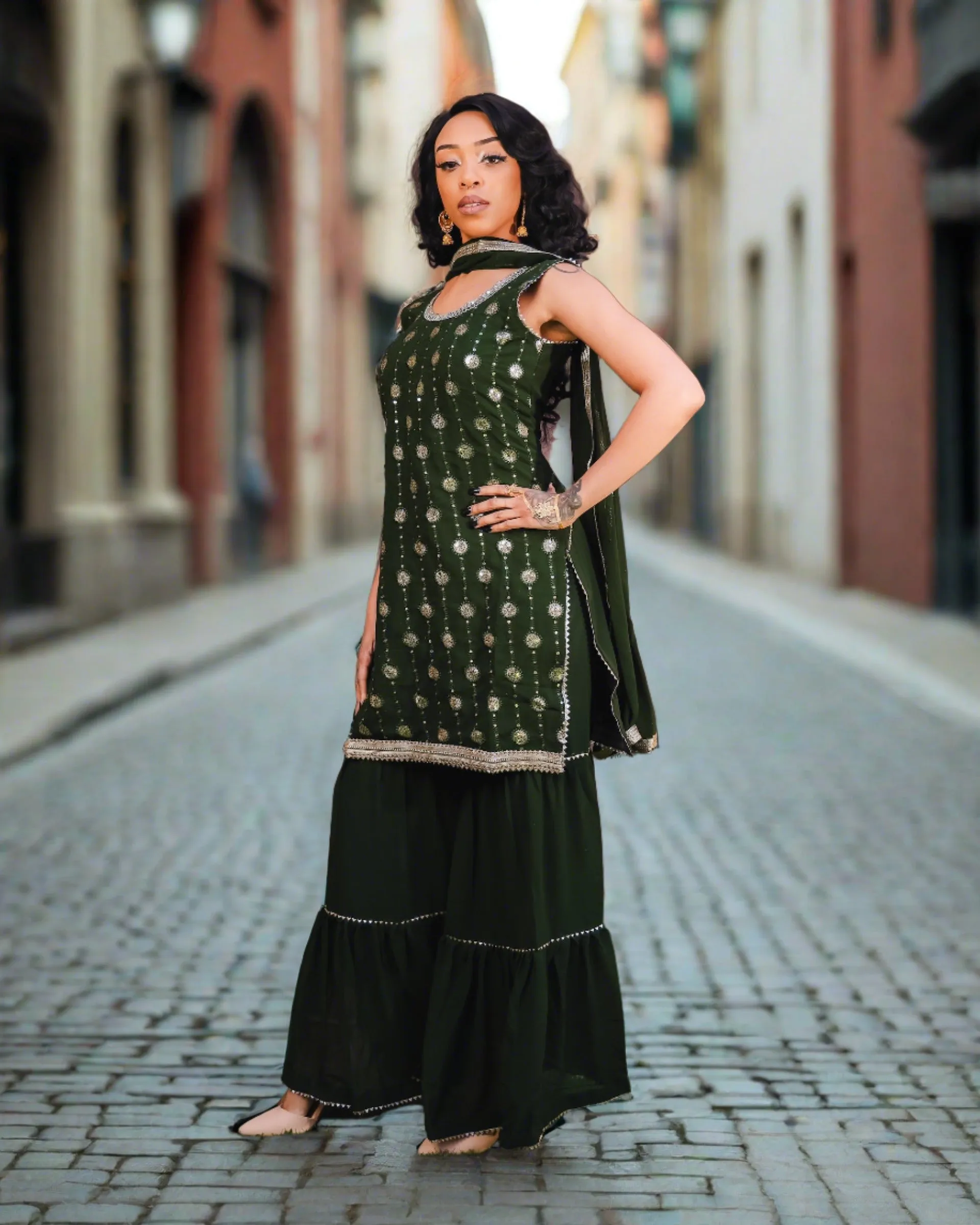 Georgette Embroidered Army Green With Sharara Pants Suit