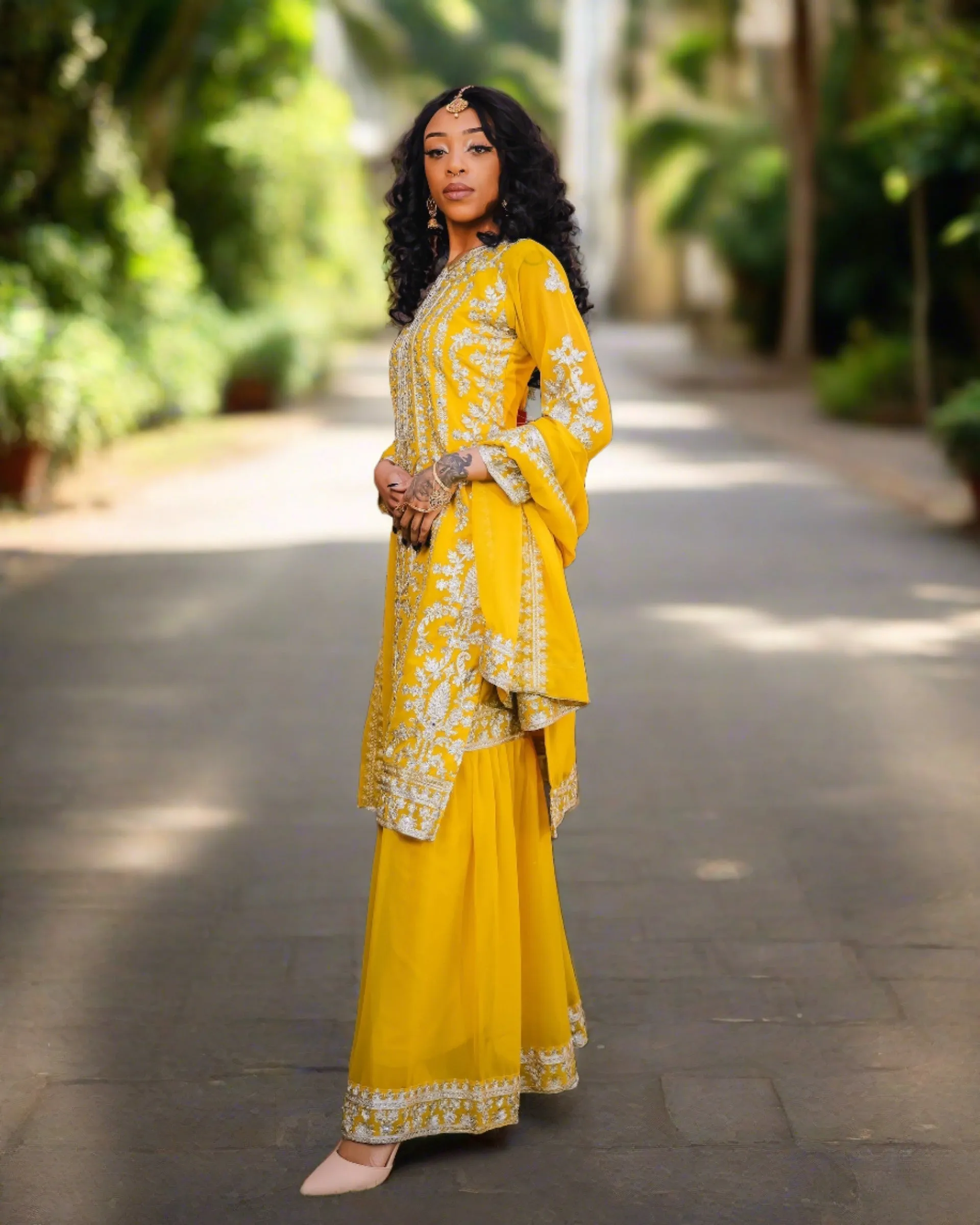 Georgette Embroidered Cadmium Yellow With Sharara Pants Suit