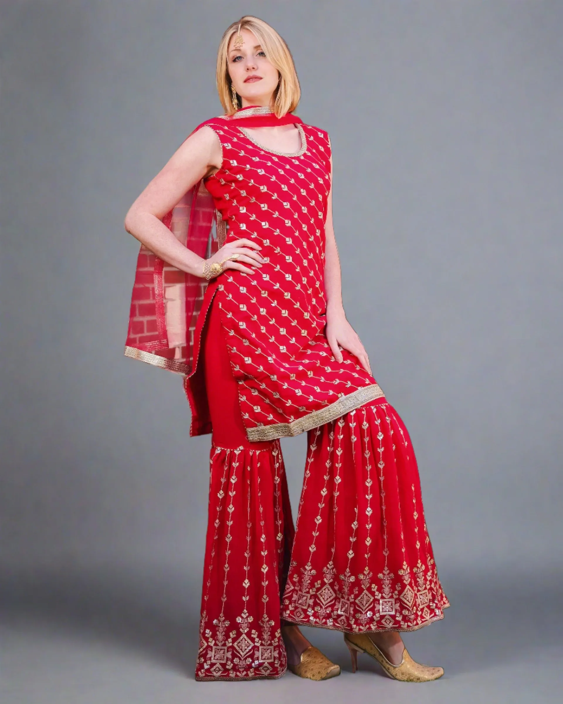 Georgette Embroidered Crayola Red With Sharara Pants Suit