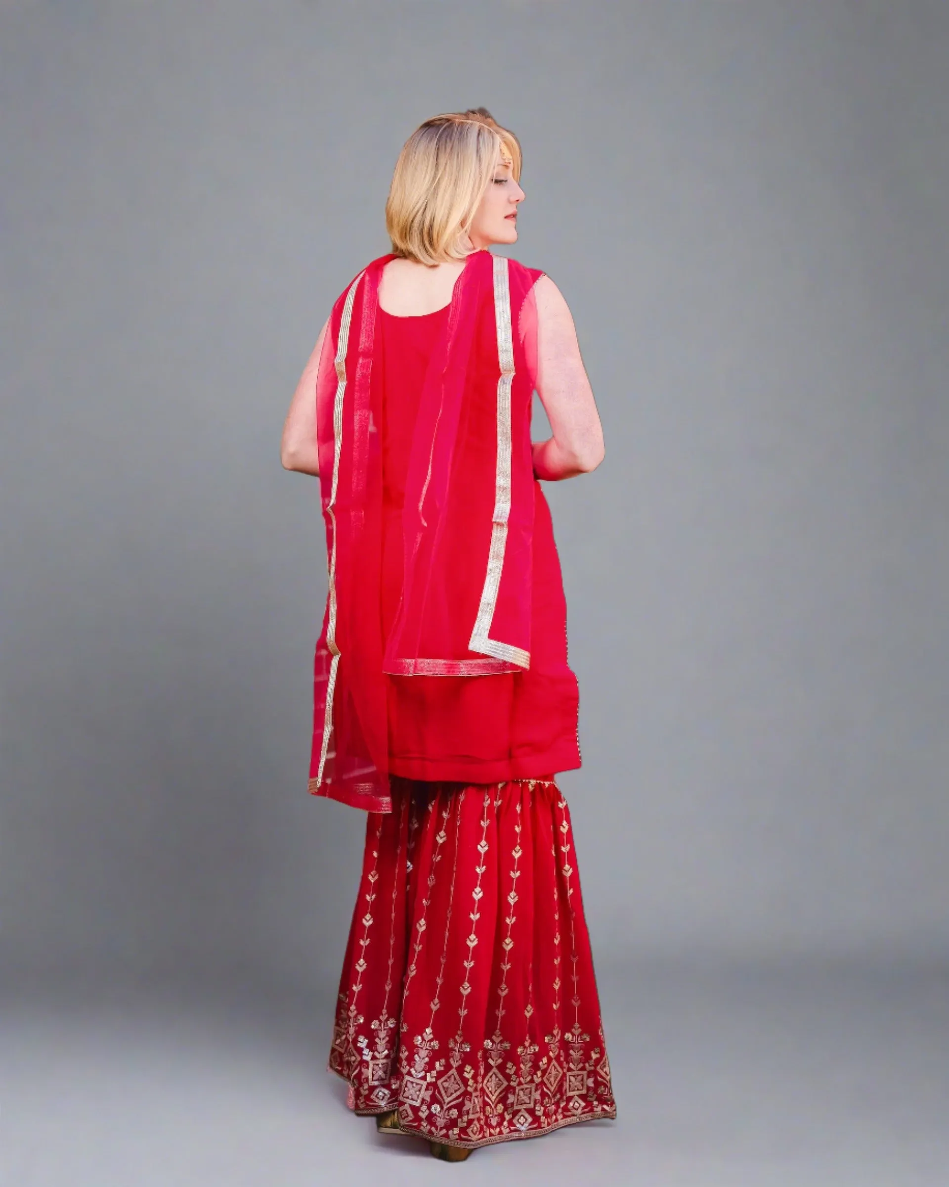 Georgette Embroidered Crayola Red With Sharara Pants Suit