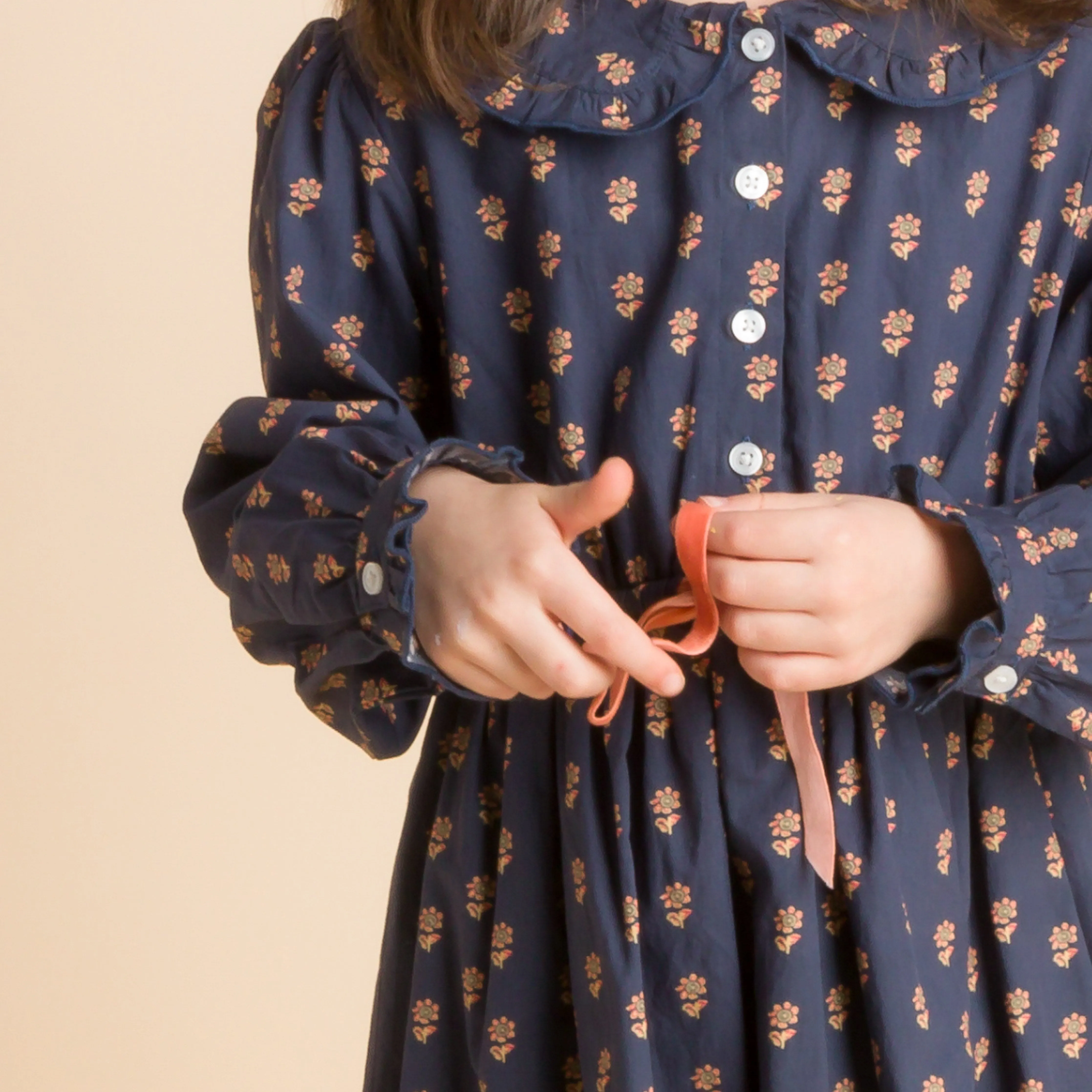 Girls' Long Sleeves Dress with Velvet Tie | Adelaide Orange Floral
