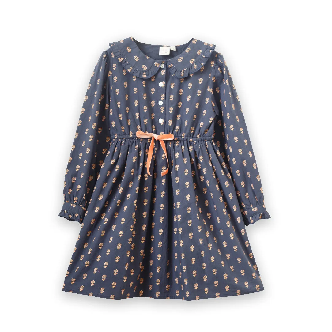 Girls' Long Sleeves Dress with Velvet Tie | Adelaide Orange Floral