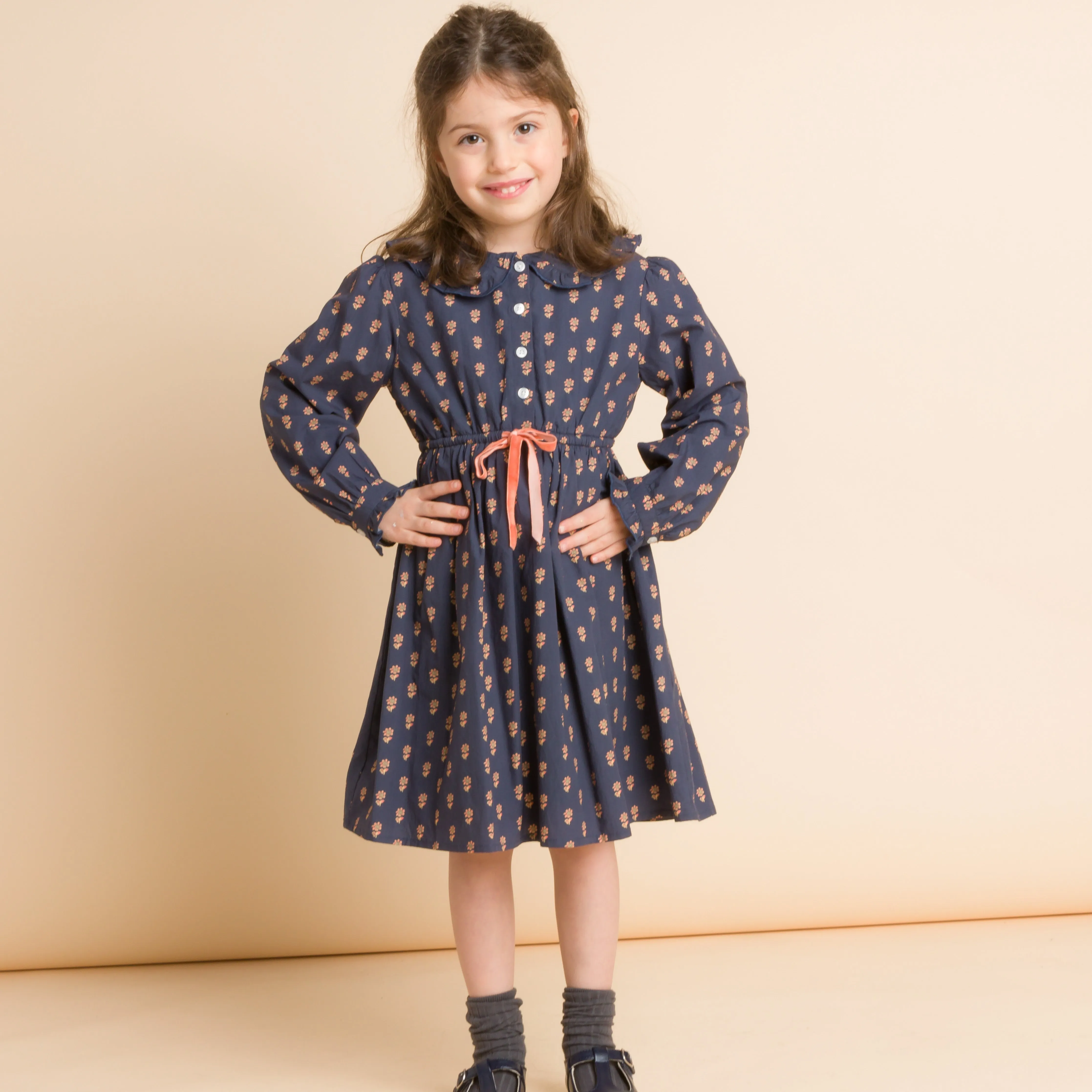 Girls' Long Sleeves Dress with Velvet Tie | Adelaide Orange Floral