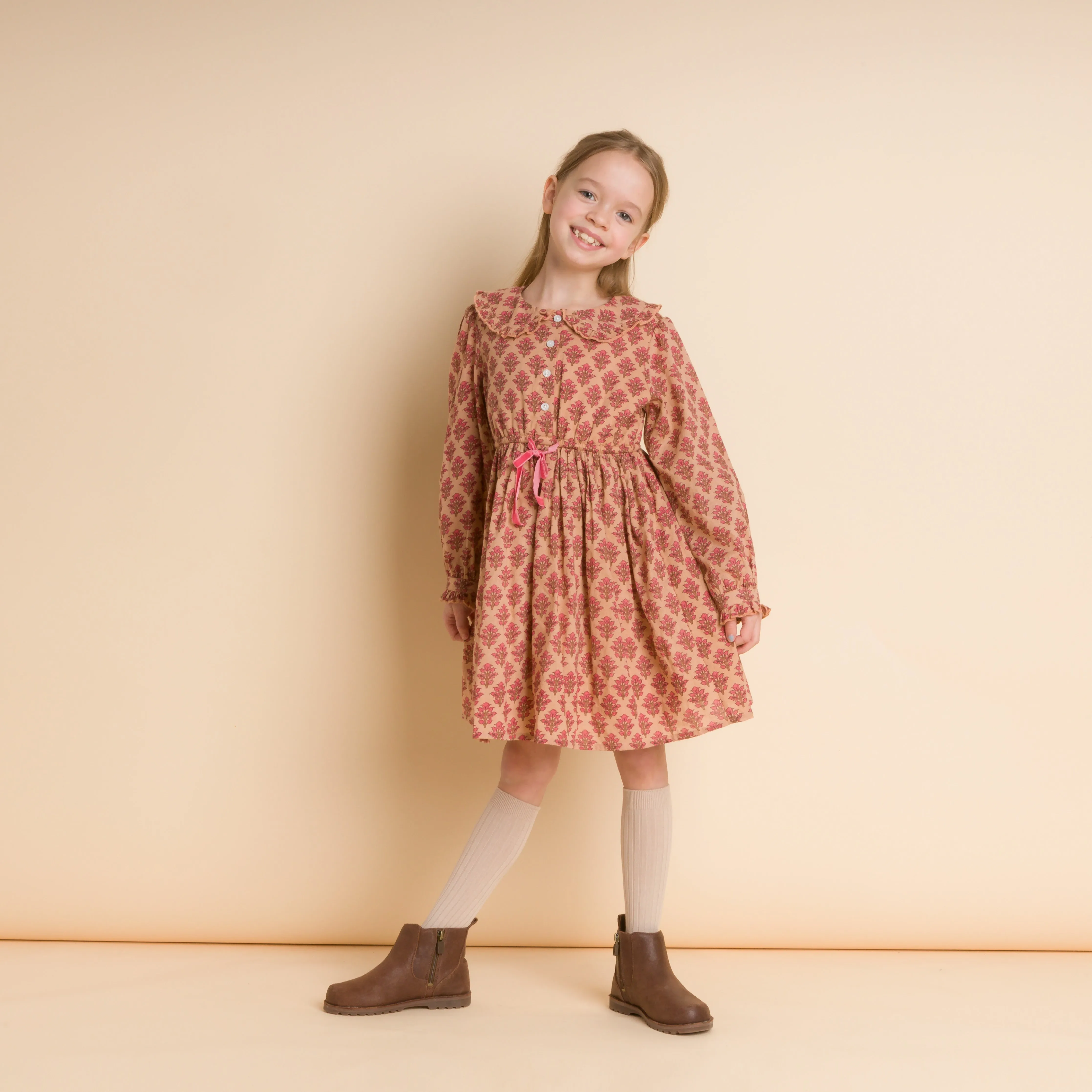 Girls' Long Sleeves Dress with Velvet Tie | Adelaide Vintage Pink