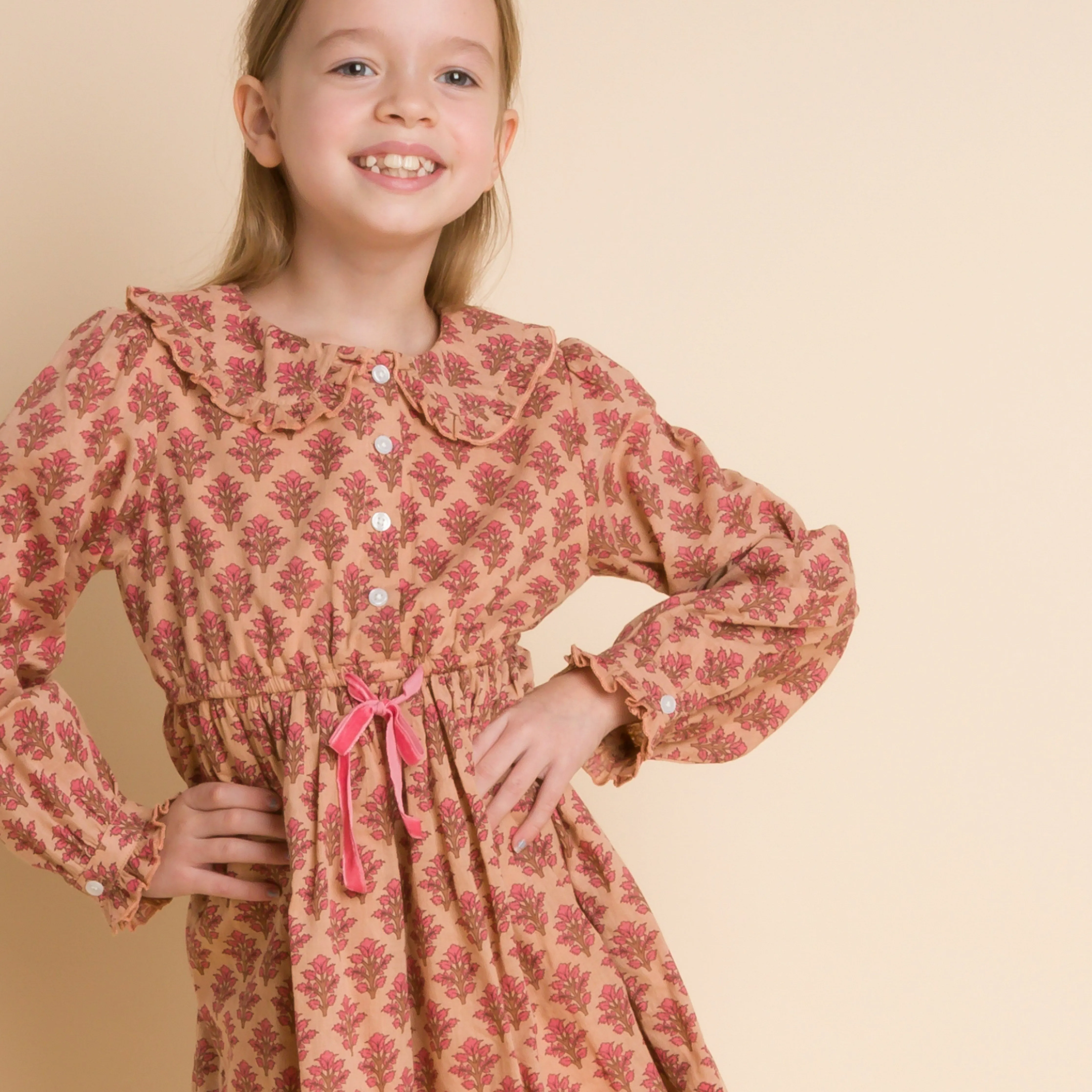 Girls' Long Sleeves Dress with Velvet Tie | Adelaide Vintage Pink