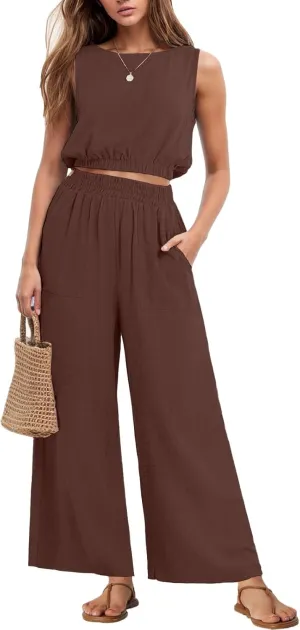 GRECERELLE Two Piece Sets for Women Sleeveless Crop Top Wide Leg Pants Sweat Set for Women Tracksuits 2025 Summer