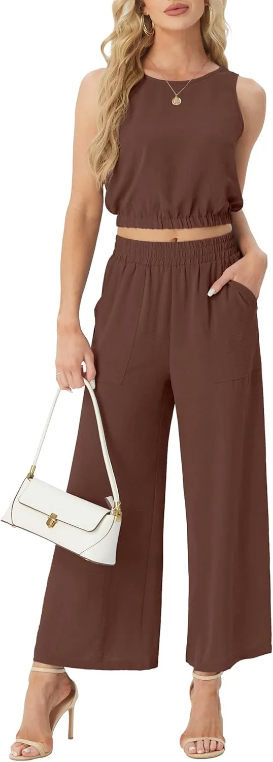 GRECERELLE Two Piece Sets for Women Sleeveless Crop Top Wide Leg Pants Sweat Set for Women Tracksuits 2025 Summer