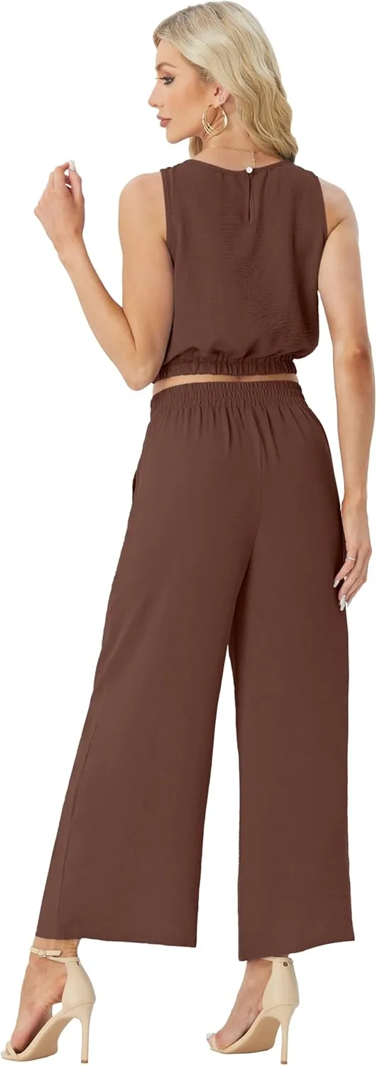 GRECERELLE Two Piece Sets for Women Sleeveless Crop Top Wide Leg Pants Sweat Set for Women Tracksuits 2025 Summer