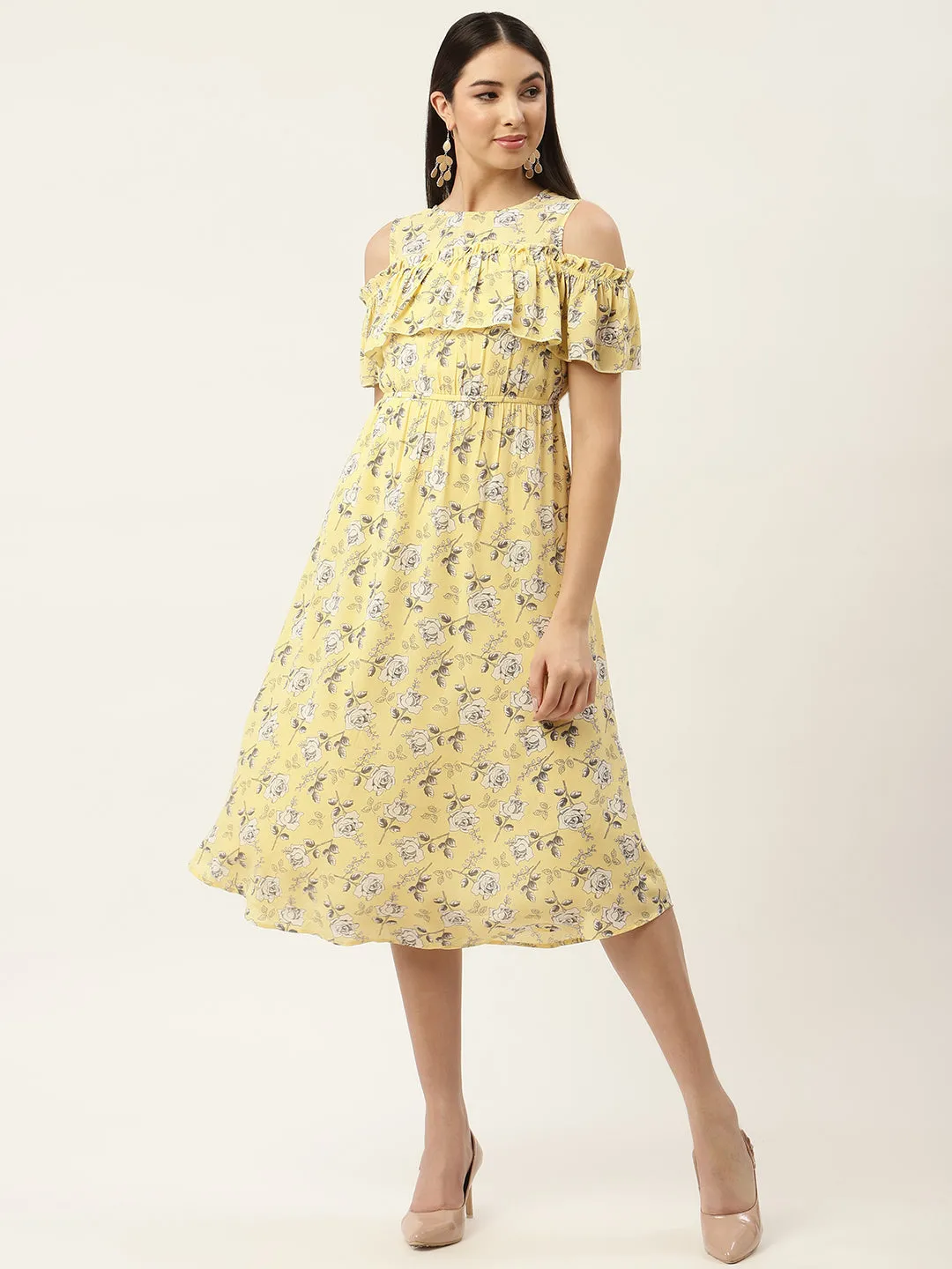 Grey & Black Chiffon A-Line Midi Dress