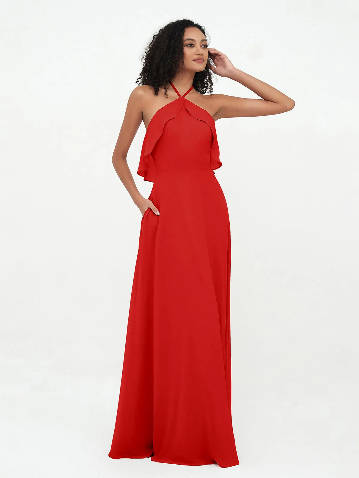 Halter Strap Chiffon Long Bridesmaid Dresses Red