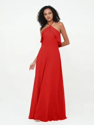 Halter Strap Chiffon Long Bridesmaid Dresses Red