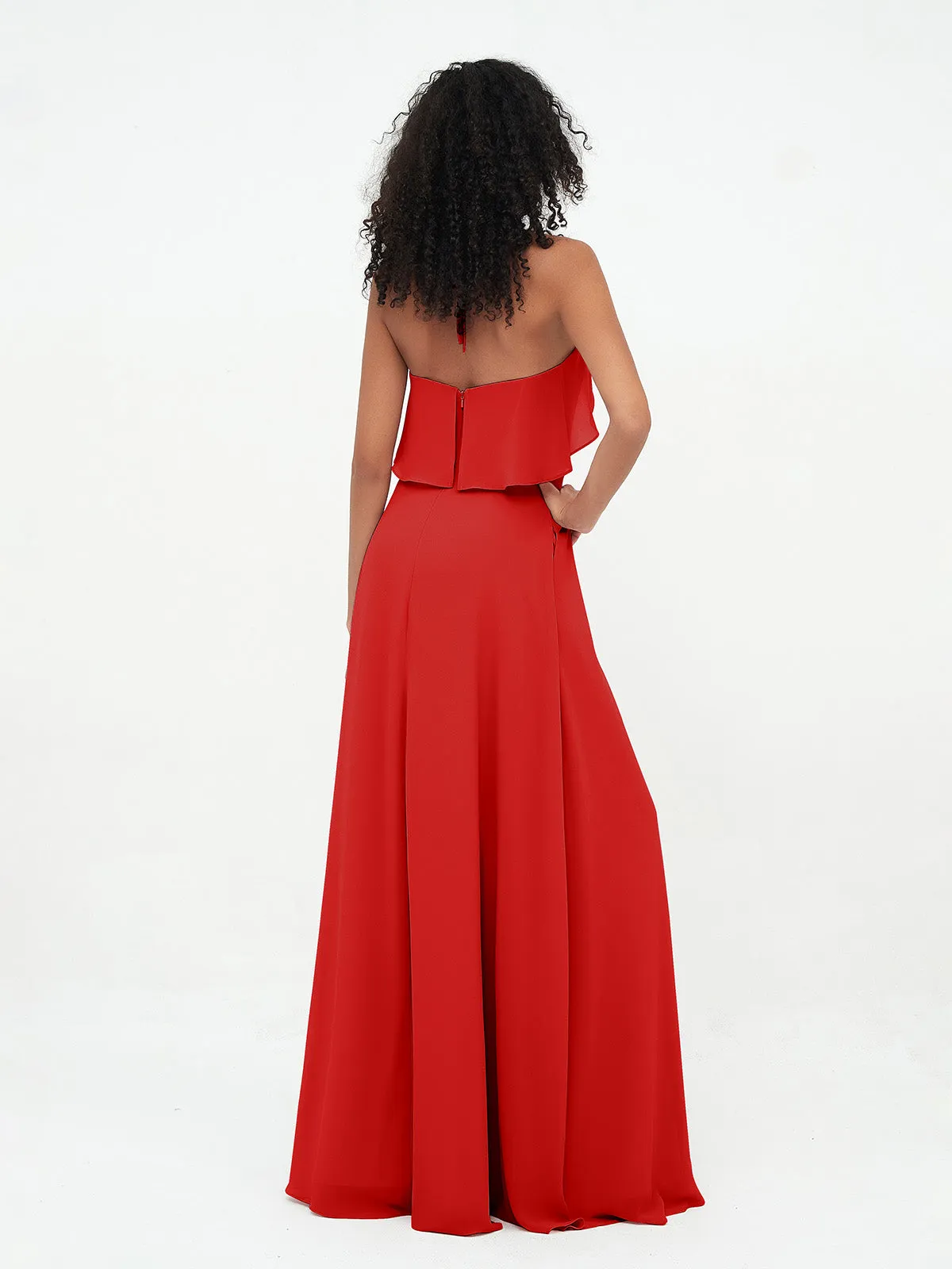 Halter Strap Chiffon Long Bridesmaid Dresses Red