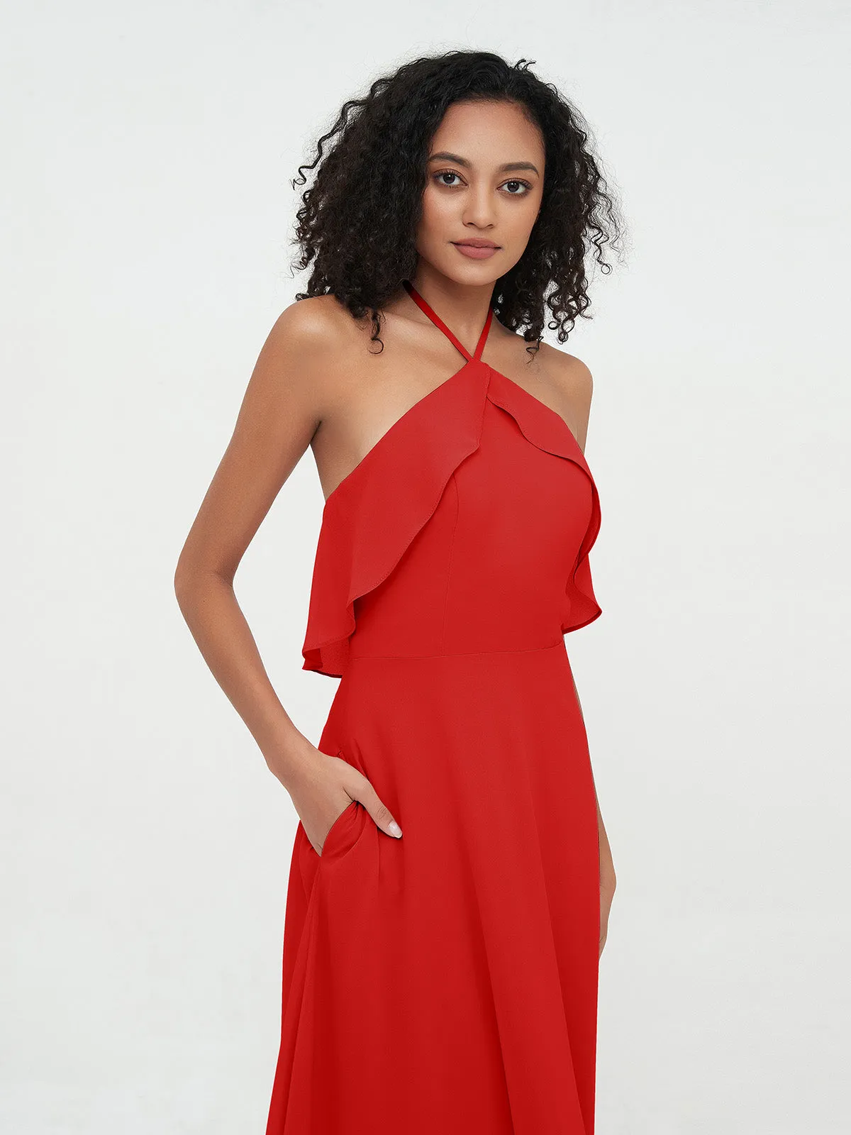 Halter Strap Chiffon Long Bridesmaid Dresses Red