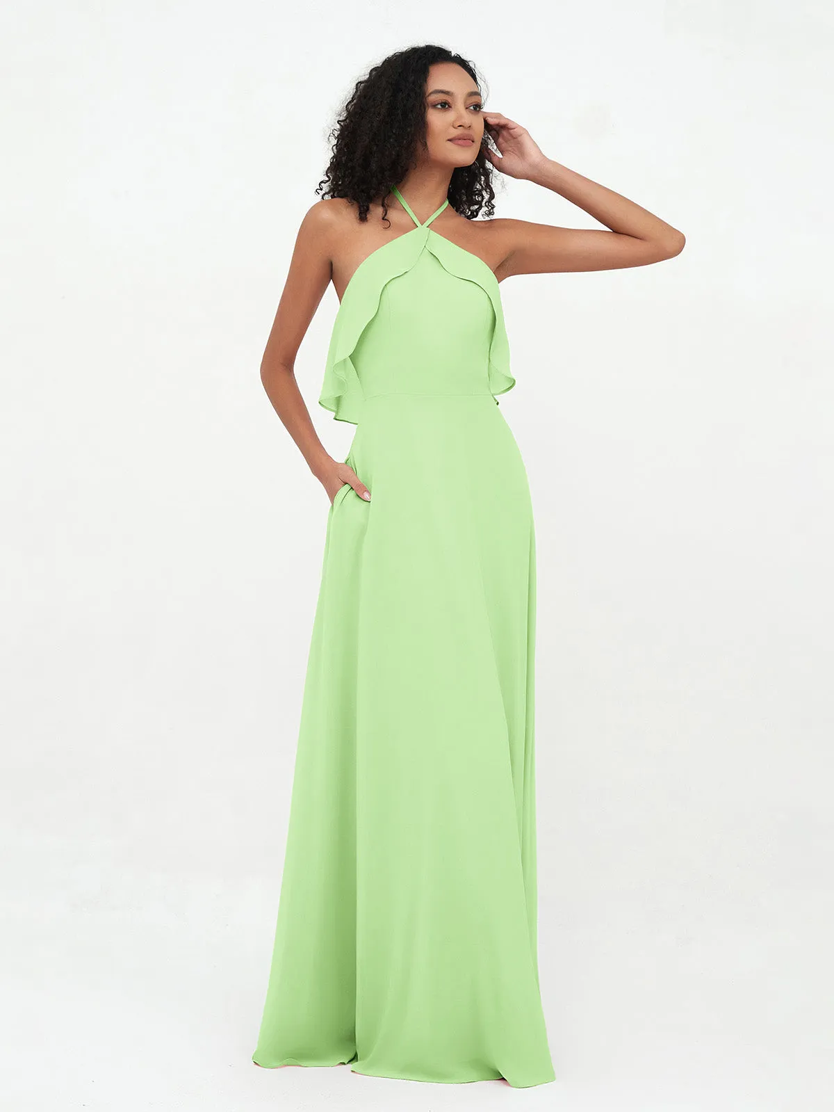 Halter Strap Chiffon Long Bridesmaid Dresses Sage Plus Size