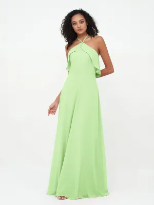 Halter Strap Chiffon Long Bridesmaid Dresses Sage Plus Size