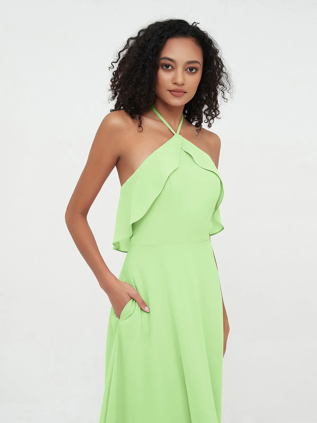Halter Strap Chiffon Long Bridesmaid Dresses Sage Plus Size