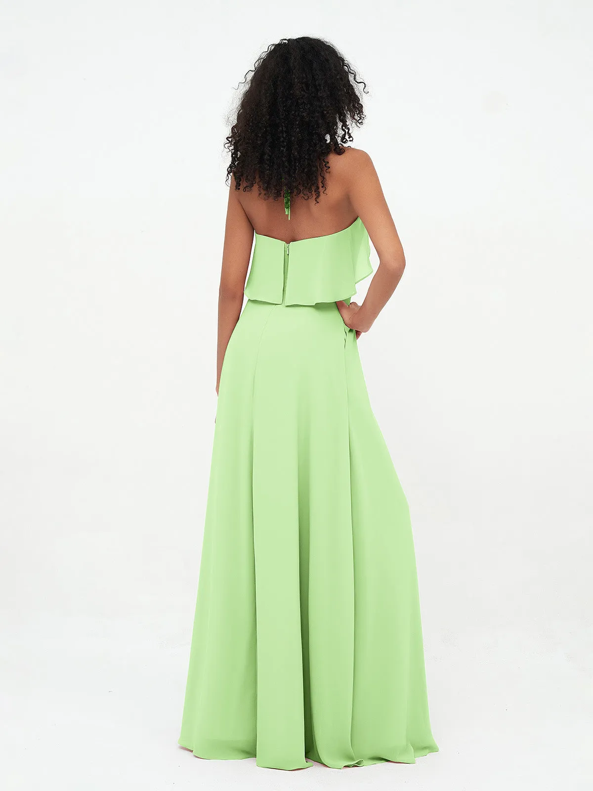 Halter Strap Chiffon Long Bridesmaid Dresses Sage Plus Size
