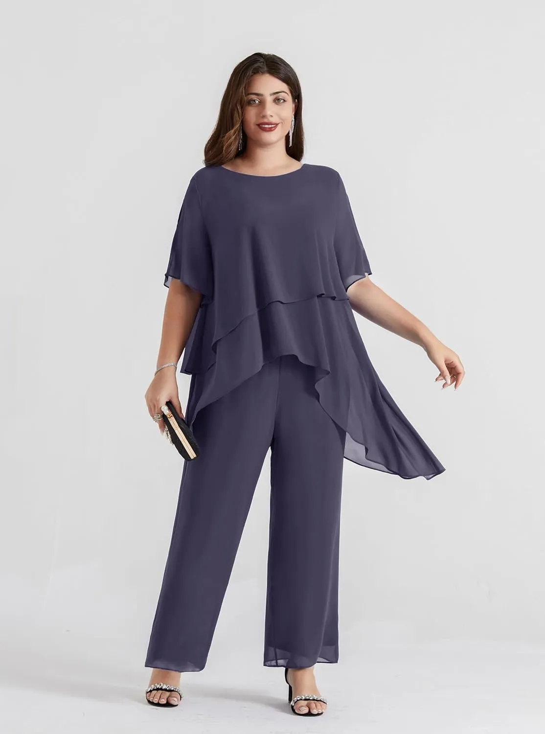 Hanna Nikole 2025 Plus Size Mother of The Bride Pant Suits 2 Piece Chiffon Sets Ruffle Asymmetric Layers Wedding Guest Outfit