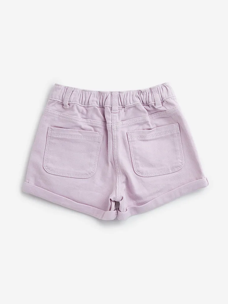 HOP Kids Lilac Embroidered Mid-Rise Denim Shorts