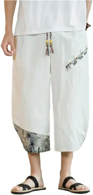 Japanese Kimono Men' Cotton Linen Samurai Clothing Patchwork Print Retro Harem Pants Loose Shorts Hop s1 White L