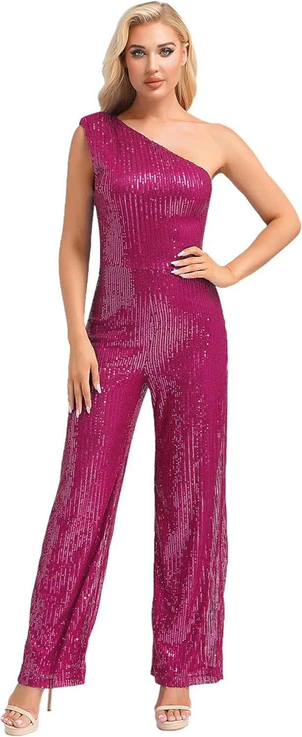 JEATHA Womens Sexy Sequins Rompers One Shoulder Sleeveless Sparkly Glitter Jumpsuit Party Clubwear Bodysuit