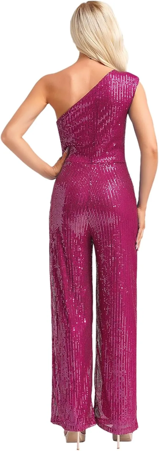JEATHA Womens Sexy Sequins Rompers One Shoulder Sleeveless Sparkly Glitter Jumpsuit Party Clubwear Bodysuit