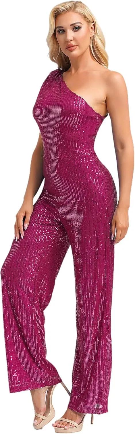 JEATHA Womens Sexy Sequins Rompers One Shoulder Sleeveless Sparkly Glitter Jumpsuit Party Clubwear Bodysuit