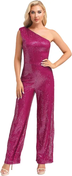 JEATHA Womens Sexy Sequins Rompers One Shoulder Sleeveless Sparkly Glitter Jumpsuit Party Clubwear Bodysuit