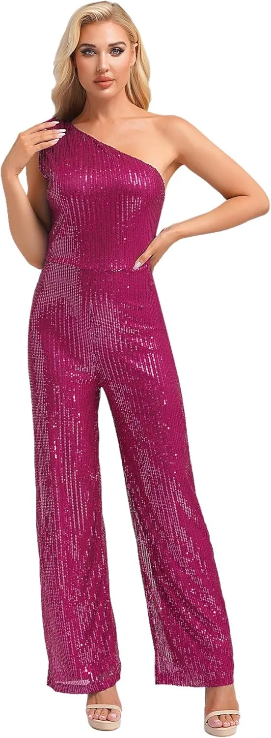 JEATHA Womens Sexy Sequins Rompers One Shoulder Sleeveless Sparkly Glitter Jumpsuit Party Clubwear Bodysuit