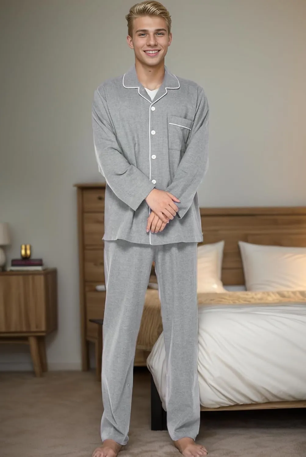 JSTEX Fannel Pajamas for Men 100% Cotton Pajama Set Long Sleeve Button Down Men's Sleepwear Soft Mens Pjs Set