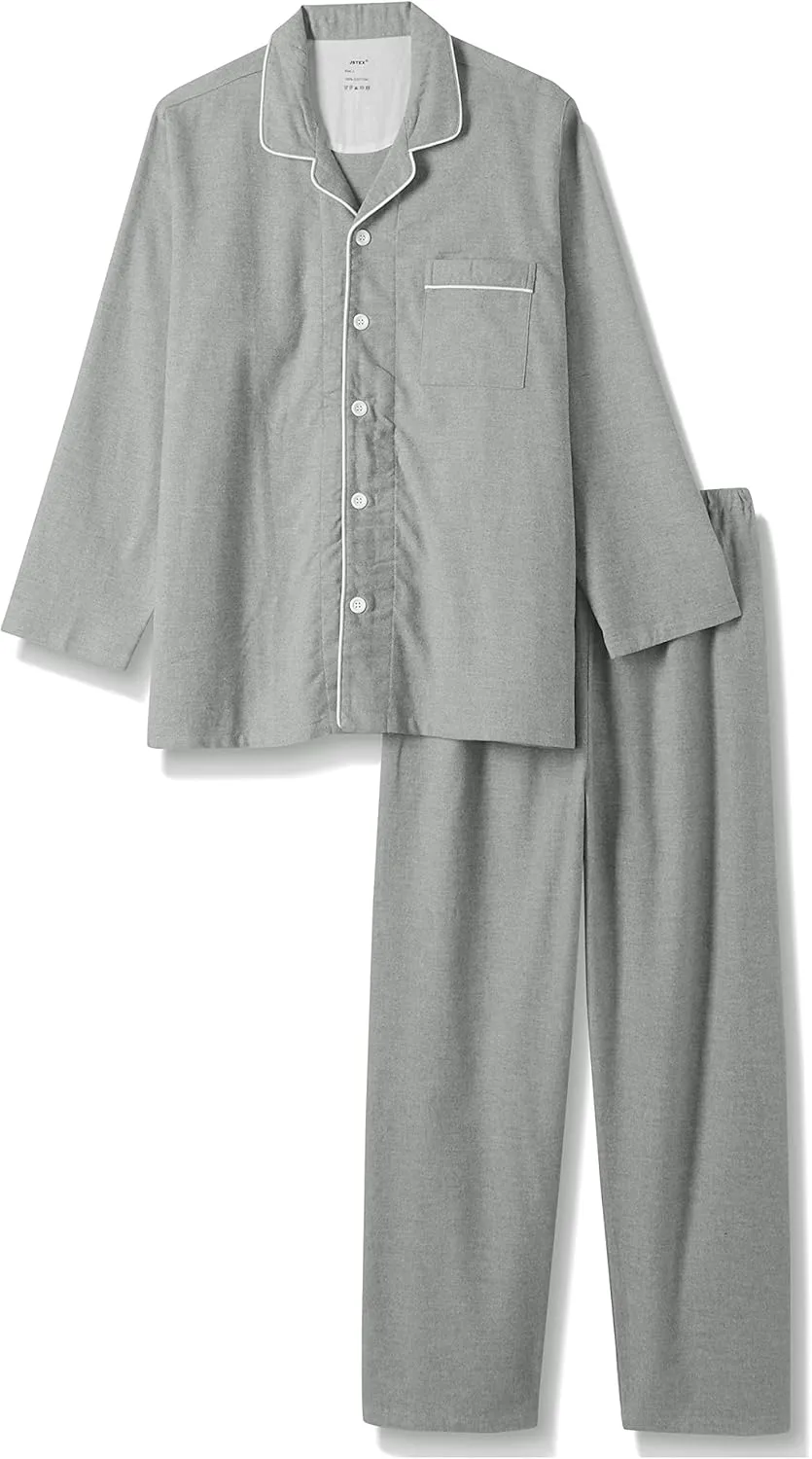 JSTEX Fannel Pajamas for Men 100% Cotton Pajama Set Long Sleeve Button Down Men's Sleepwear Soft Mens Pjs Set