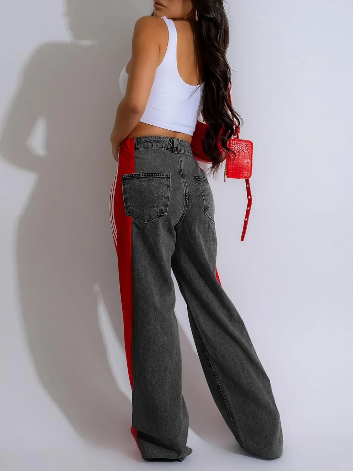 KANSOON Jeans for Women with Patchwork Stripes High Waisted Straight Stretchy Loose Color Block Wide Leg Denim Pants