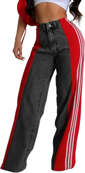 KANSOON Jeans for Women with Patchwork Stripes High Waisted Straight Stretchy Loose Color Block Wide Leg Denim Pants